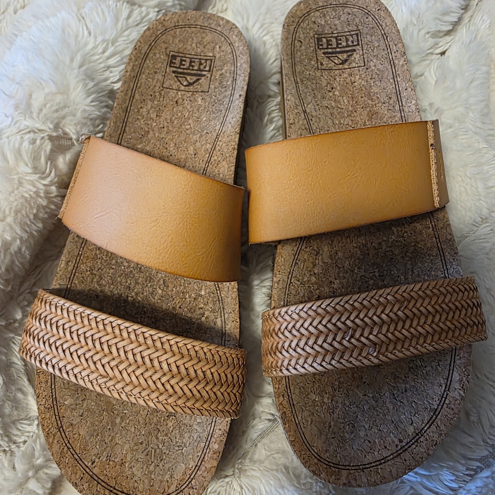 Reef Two-Strap Slide Sandals in Tan and Cognac